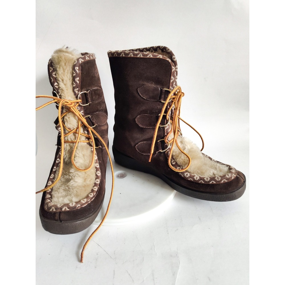Vintage Winter Boots 10 Suede Shearling Lining Trim Lace Up Italy Made Apres Ski